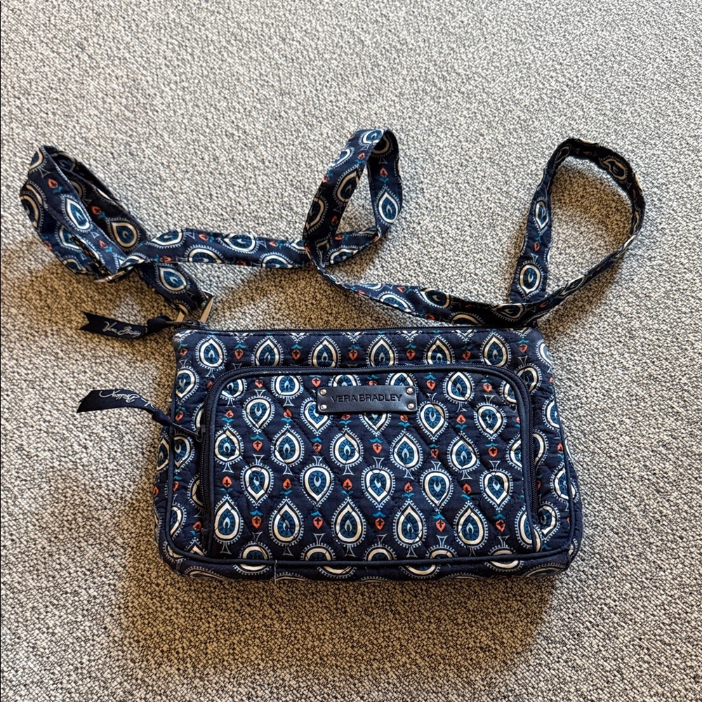Vera Bradley Navy Paisley-Style Quilted Crossbody with Orange Accents